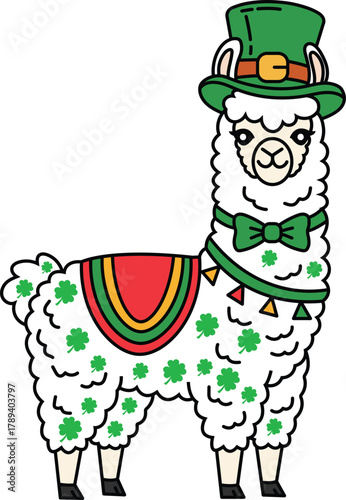 st. patrick's day Llama in leprechaun hat with shamrocks vector illustration