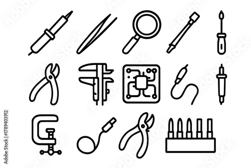 Electronics Tool Icons. Electronics Precision Tools linear icon set: soldering iron, tweezers, magnifier, small screwdriver, wire cutter, caliper, circuit board, test probe, clamp,