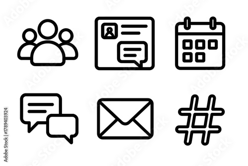 Digital Community Icons. Online Community linear icon set: group of people, forum post, event calendar, comment thread, message icon, hashtag symbol.