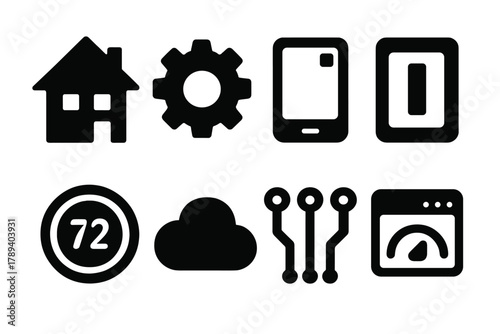 Brutalist Smart Home Icons. Modern Smart Home silhouette icon set: house, gear, app control, light switch, thermostat, cloud, circuit, dashboard.