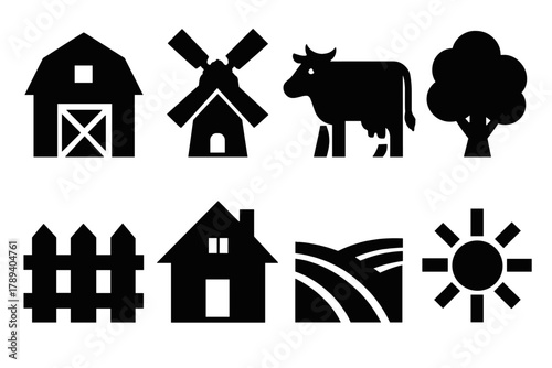 Village Life Icons. Village Life silhouette icon set: barn, windmill, cow, tree, fence, house, field, sun.