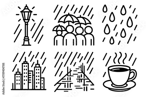 Rainy City Icons. City Rainfall linear icon set: streetlights glow, umbrella crowd, reflections on pavement, raindrops on glass, skyline, coffee cup.