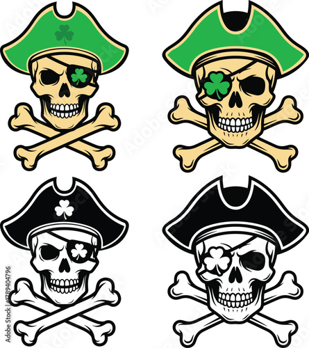 st. patrick's day Pirate skull with shamrock and crossbones emblem vector illustration