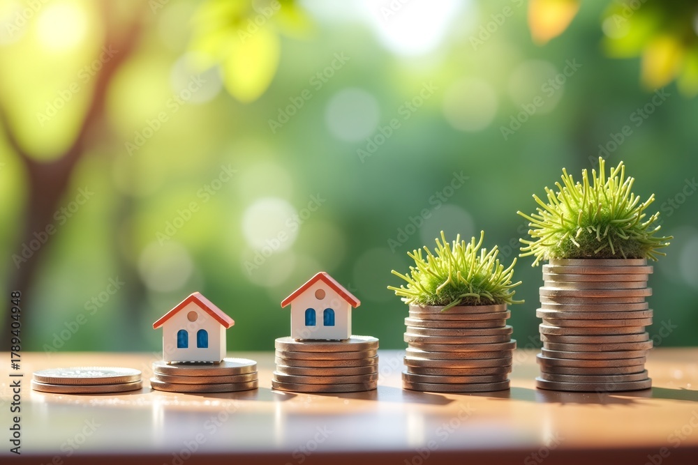 Naklejka premium Stacked coins grow green plants, symbolizing financial growth leading to a cozy home. Sunlit background adds warmth and optimism.