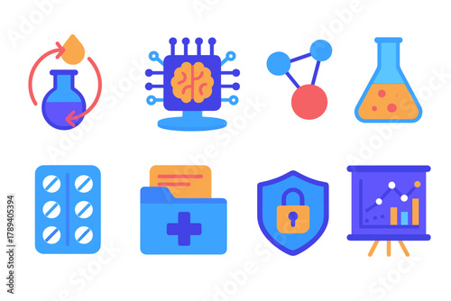 Pharmacy Tech Icons. Pharmaceutical Tech flat icons: drug synthesis icon, AI research hub, molecular structure, chemical flask, pill pack, digital health file, secure data,