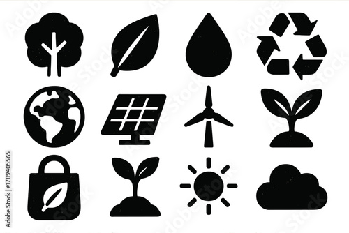 Eco Icon Set. Environmental Green Living silhouette icon set: tree, leaf, water droplet, recycling symbol, globe, solar panel, wind turbine, plant, eco bag, seedling, sun, cloud