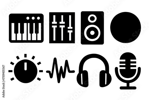 Bold Music Icons. Music Production silhouette icon set: keyboard, mixer, monitor, record button, knob, waveform, headphones, microphone.