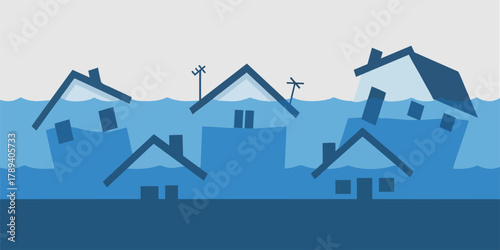 Floodwater submerged houses. Flood natural disaster and climate crisis illustration.