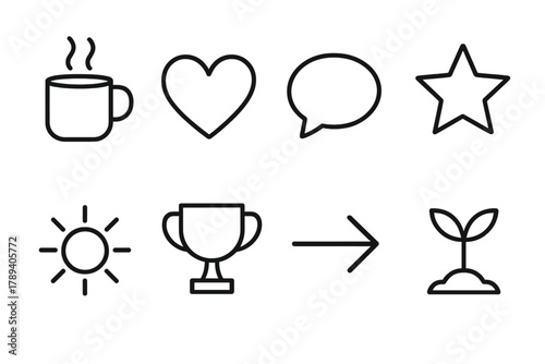 Motivational Icon Set. Daily Motivation Set linear icon set: coffee cup, heart, quote bubble, star, sun, trophy, arrow, plant.