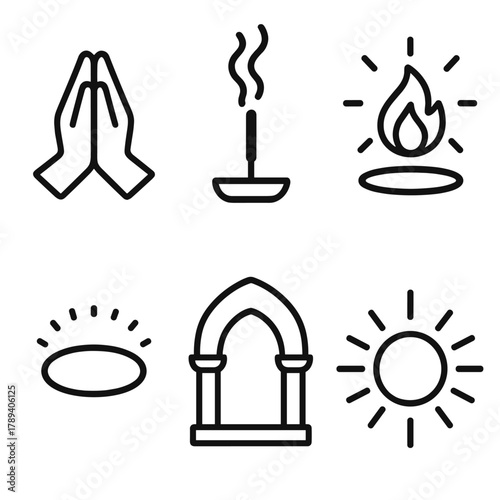 Spiritual Peace Icons. Spiritual Peace linear icon set: prayer hands, incense smoke, sacred flame, halo glow, temple arch, gentle light.