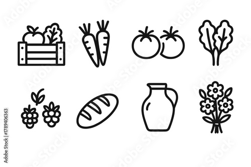 Market Produce Icons. Fresh Market Icons linear icon set: crate of produce, carrots, tomatoes, leafy greens, berries, bread, milk jug, flowers.