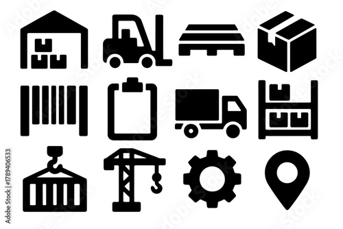 Brutalist Warehouse Icons. Warehousing silhouette icon set: warehouse, forklift, pallet, box, barcode, clipboard, delivery truck, shelf, container, crane, gear, map pin.