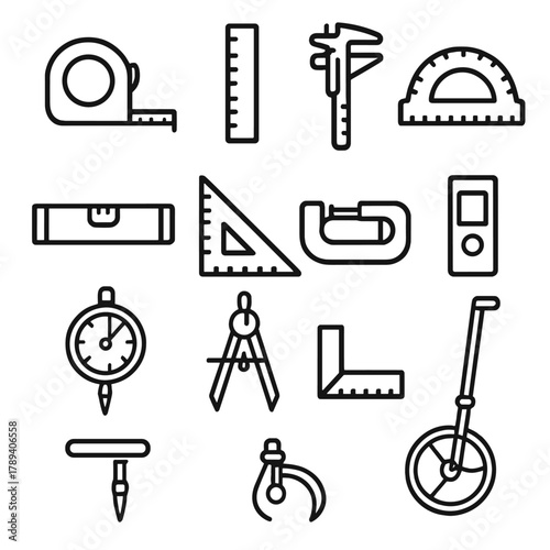 Measuring Tools Icons. Measuring Tools Set linear icon set: tape measure, ruler, caliper, protractor, level, square, micrometer, laser measure, gauge, compass, angle finder,