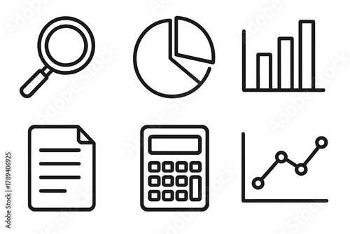 Data Analysis Icons. Analytical decision making linear icon set: magnifying glass, pie chart, bar graph, document paper, calculator, chart line.