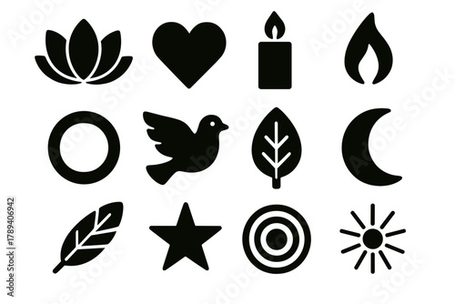 Spiritual Icons Collection. Spiritual Heart silhouette icon set: lotus, heart, candle, flame, aura ring, dove, leaf, moon, feather, star, water ripple, light ray. , .