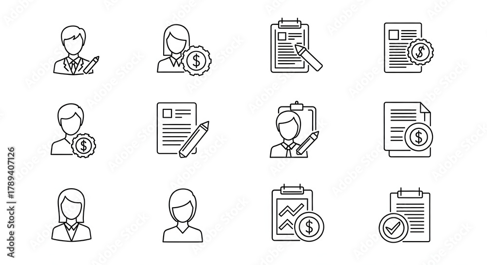 Fototapeta premium Financial Icon Set: A comprehensive collection of financial icons depicting diverse financial concepts and business representations, suitable for commercial use.