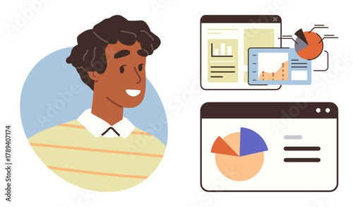Cheerful person next to data visuals with graphs, pie charts, and reports on screens. Ideal for teamwork, analytics, finance, education, business strategy, entrepreneurship simple flat metaphor