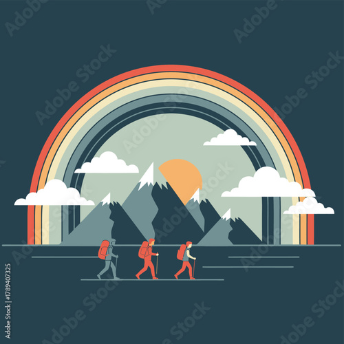 Three hikers with backpacks and walking sticks trekking through a mountain landscape under a colorful rainbow and sun.