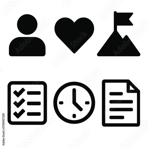 Commitment Icons Set. Personal commitment silhouette icon set: person icon, heart, flag on mountain, checklist, clock, document.
