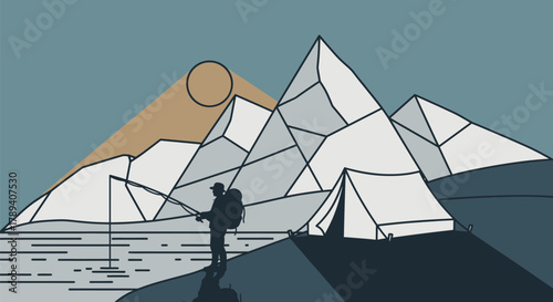 Stylized illustration of a lone person fishing in a mountain lake with a tent and geometric peaks under a setting sun.