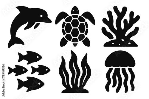 Bold Marine Icons. Marine Wildlife silhouette icon set: dolphin, turtle, coral reef, fish school, seaweed, jellyfish.