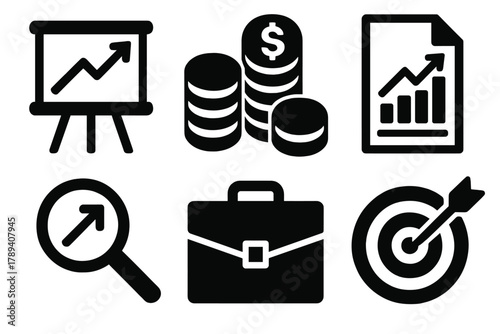 Bold Investment Icons. Investment planning silhouette icon set: chart board, coin stack, document chart, magnifying glass, briefcase, target board.