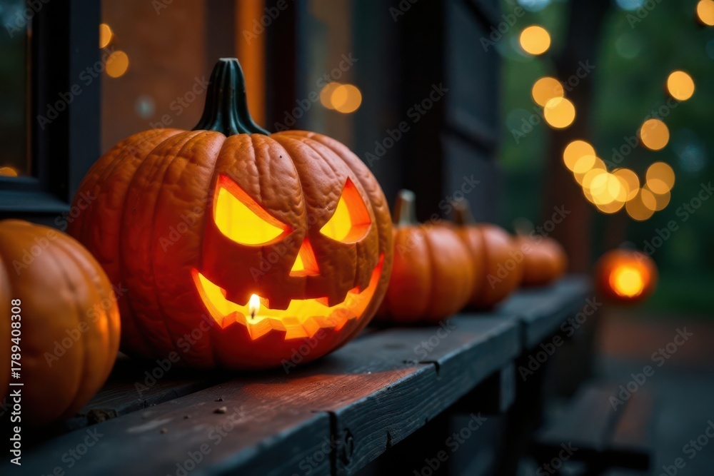 Fototapeta premium Intricate carved pumpkins, flickering candlelight, and warm string lights on weathered wood , background, shadow, rustic