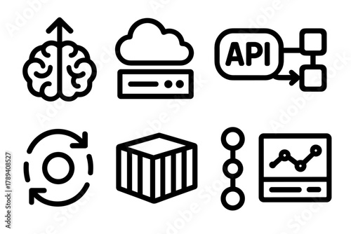 ML Deployment Icons. ML Deployment silhouette icon set: model upload icon, cloud server, API endpoint, deployment pipeline, data sync arrow, container symbol, version control,