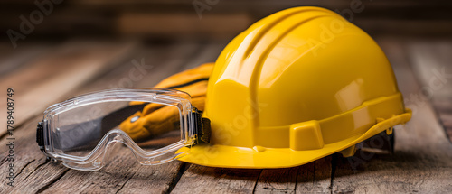 Safety gear including yellow hard hat, protective goggles, and gloves on wooden surface