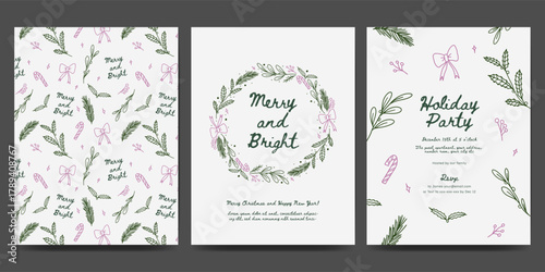 Christmas card design with branch, ribbon bow, wreath, garland botanical frame. Minimalist line art style perfect for cards, greeting, invitation, poster or cover. 