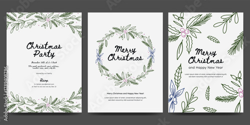 Christmas card design with branch, ribbon bow, wreath, garland botanical frame. Minimalist line art style perfect for cards, greeting, invitation, poster or cover. 