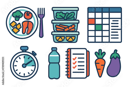 Vibrant Meal Planning Icons. Meal Planning flat icons: organized plate, food prep boxes, weekly meal chart, grocery checklist, recipe notebook, clock timer, water bottle, veggie