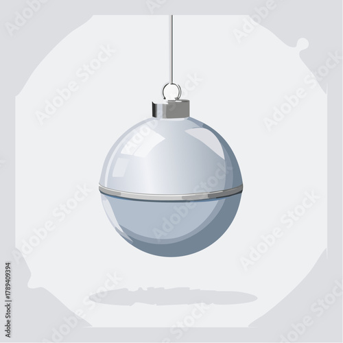 A shiny light blue and silver spherical Christmas tree ornament hanging against a plain white background.
