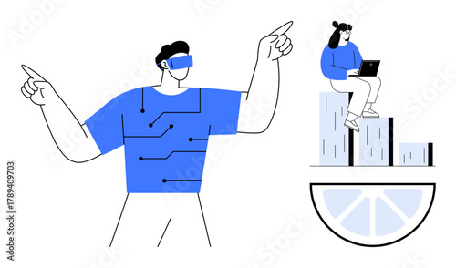 Man wearing VR headset interacting with circuits, woman working on laptop atop bar graphs on a segmented pie. Ideal for technology, innovation, growth, analytics, teamwork, virtual reality