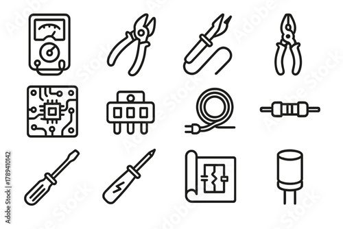 Electrical Tools Icons. Electrical Engineering Tools linear icon set: multimeter, wire cutter, soldering iron, pliers, circuit board, connector, cable, resistor, screwdriver,