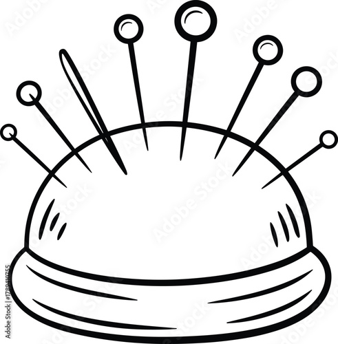 Black and white illustration of a pincushion with pins and a needle sewing thimble