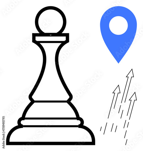Chess pawn beside upward arrows and a location pin icon symbolizing strategy, growth, decision-making, and direction. Ideal for business, planning, targeting, goals leadership strategy. Simple flat