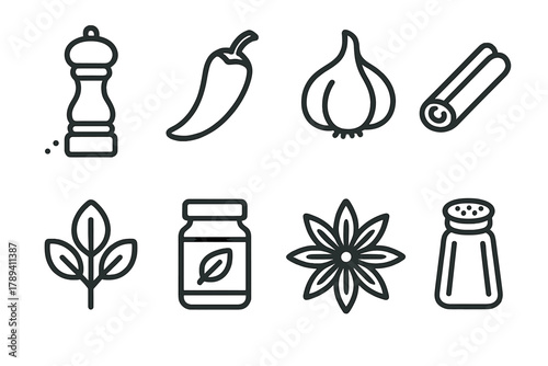 Spice Icon Collection. Spices Concept linear icon set: pepper grinder, chili pepper, garlic clove, cinnamon stick, herb leaf, star anise, spice jar, salt shaker.