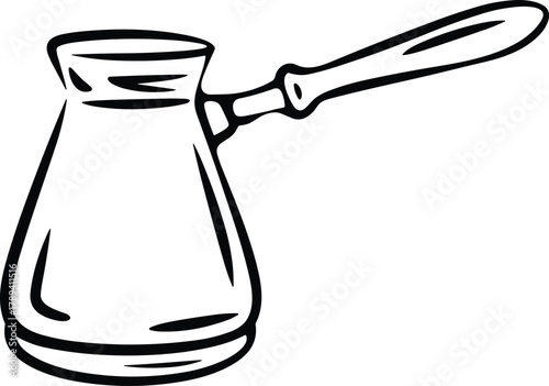 Black and white outline drawing of a coffee pot with a handle cezve ibrik