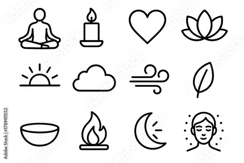 Mindful Meditation Icons. Mindful Calm linear icon set: meditation pose, candle, heart, lotus, sunbeam, soft cloud, breath wave, leaf, bowl, flame, moon, calm aura. , .
