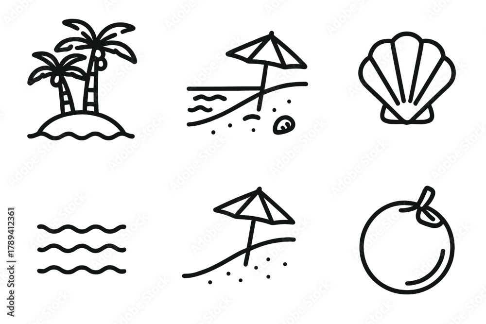 Fototapeta premium Tropical Island Icons. Tropical Island linear icon set: palm trees, sandy beach, turquoise water, seashell, sun umbrella, coconut.