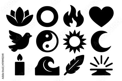 Spiritual Symbol Icons. Spiritual Duality silhouette icon set: lotus, aura ring, flame, heart, dove, yin yang, sun, moon, candle, wave, feather, light beam. , .