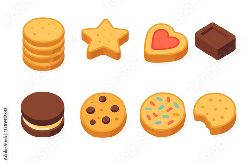 Isometric Cookie Icons. Sweet Cookies Pack modern flat icons set: cookie stack, star cookie, heart biscuit, chocolate chunk, sandwich cookie, round cookie, sprinkle top, bite mark