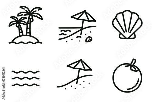 Tropical Island Icons. Tropical Island linear icon set: palm trees, sandy beach, turquoise water, seashell, sun umbrella, coconut.