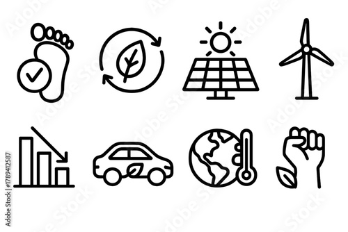 Sustainable Icons Set. Climate Protection linear icon set: carbon footprint tracker, renewable energy icon, solar panel array, wind turbine graphic, emissions reduction chart,