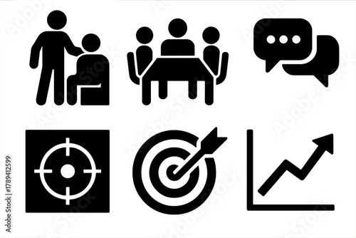 Brutalist Coaching Icons. Executive Coaching silhouette icon set: leadership mentor, meeting table, communication bubbles, focus chart, target icon, performance graph.