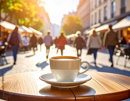 coffee cup table cafe outdoor city street daylight closeup lifestyle warm urban modern design reflection texture