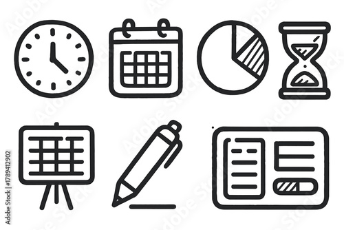 Time Management Icons. Time Planning outline icons: clock icon, calendar, pie chart, notebook, hourglass, schedule board, pen, progress bar.