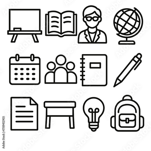 Classroom Icon Set. Classroom Education Tools linear icon set: chalkboard, open book, teacher icon, globe, calendar, student group, notebook, pen, paper sheet, desk, light bulb,