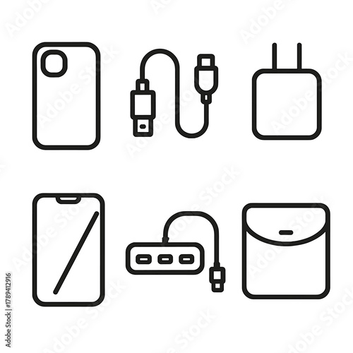 Tech Accessories Icons. Tech Accessories linear icon set: phone case, charging cable, power adapter, screen protector, USB hub, laptop sleeve.